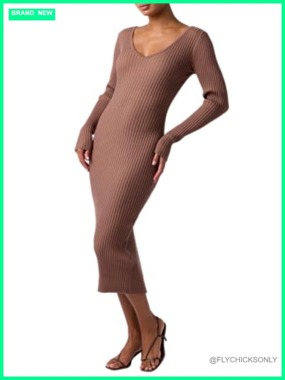 Ribbed Sweater Knit Midi Dress V-Neck Long Sleeve Fitted Pull On